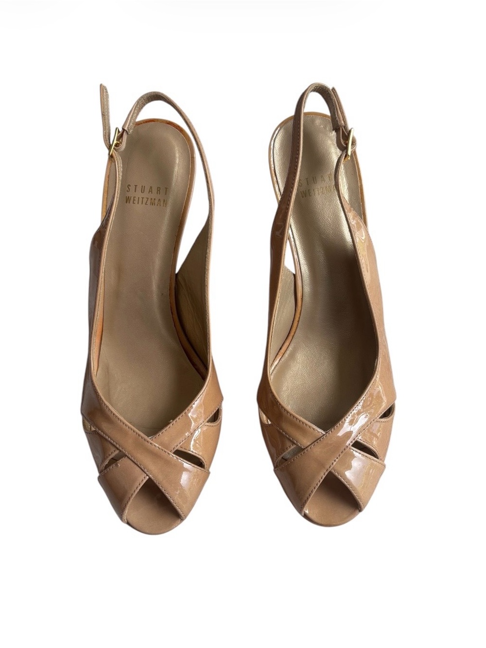 Stuart Weitzman Nude Patent Leather Slingback Peep-Toe Pumps - Picture 1 of 8